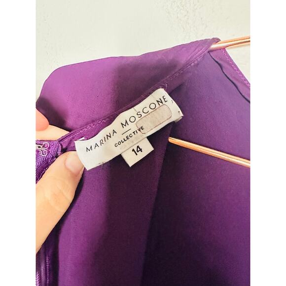MARINA MOSCONE COLLECTIVE Purple Satin Shift Knot Sleeveless Dress Size 14 - Picture 12 of 14